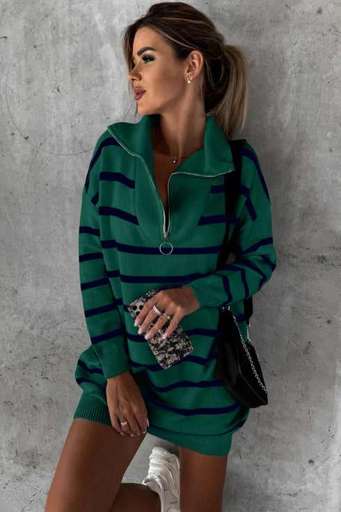 Striped O-Ring Zip Front Collared Drop Shoulder Long Sleeve Sweater Dress